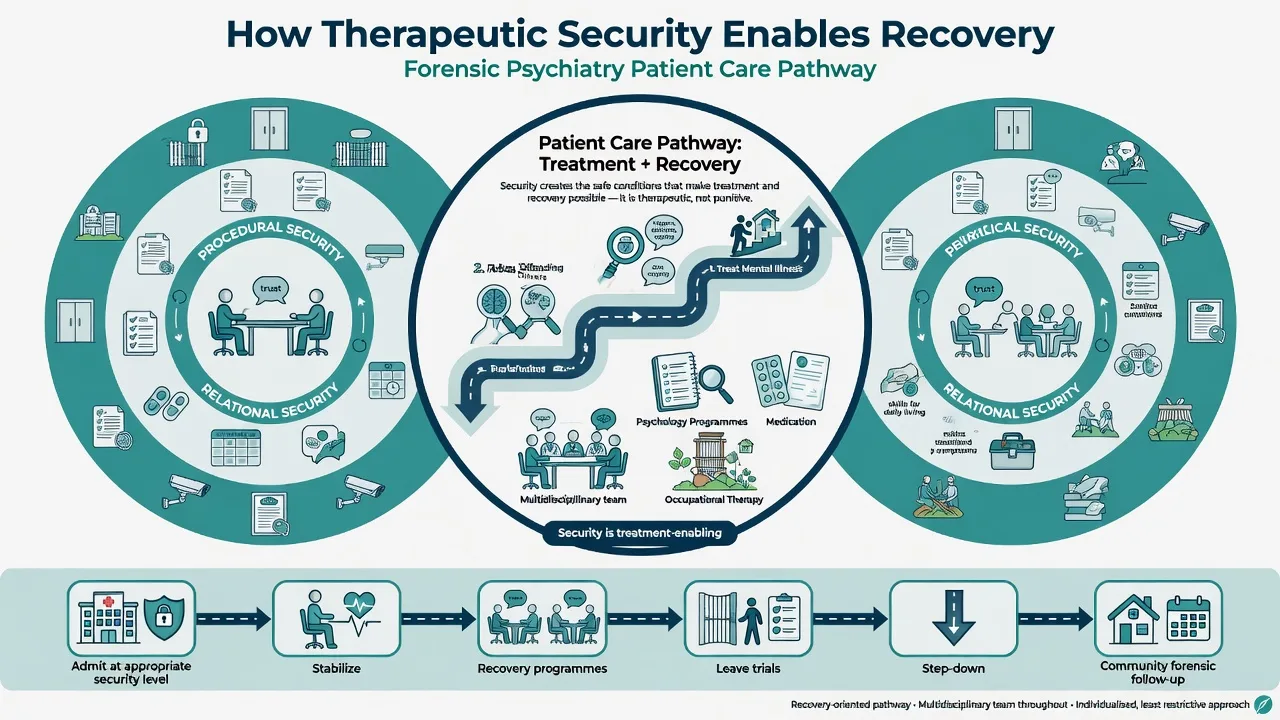 Concentric model of physical procedural and relational security enabling treatment recovery programmes leave and community step-down