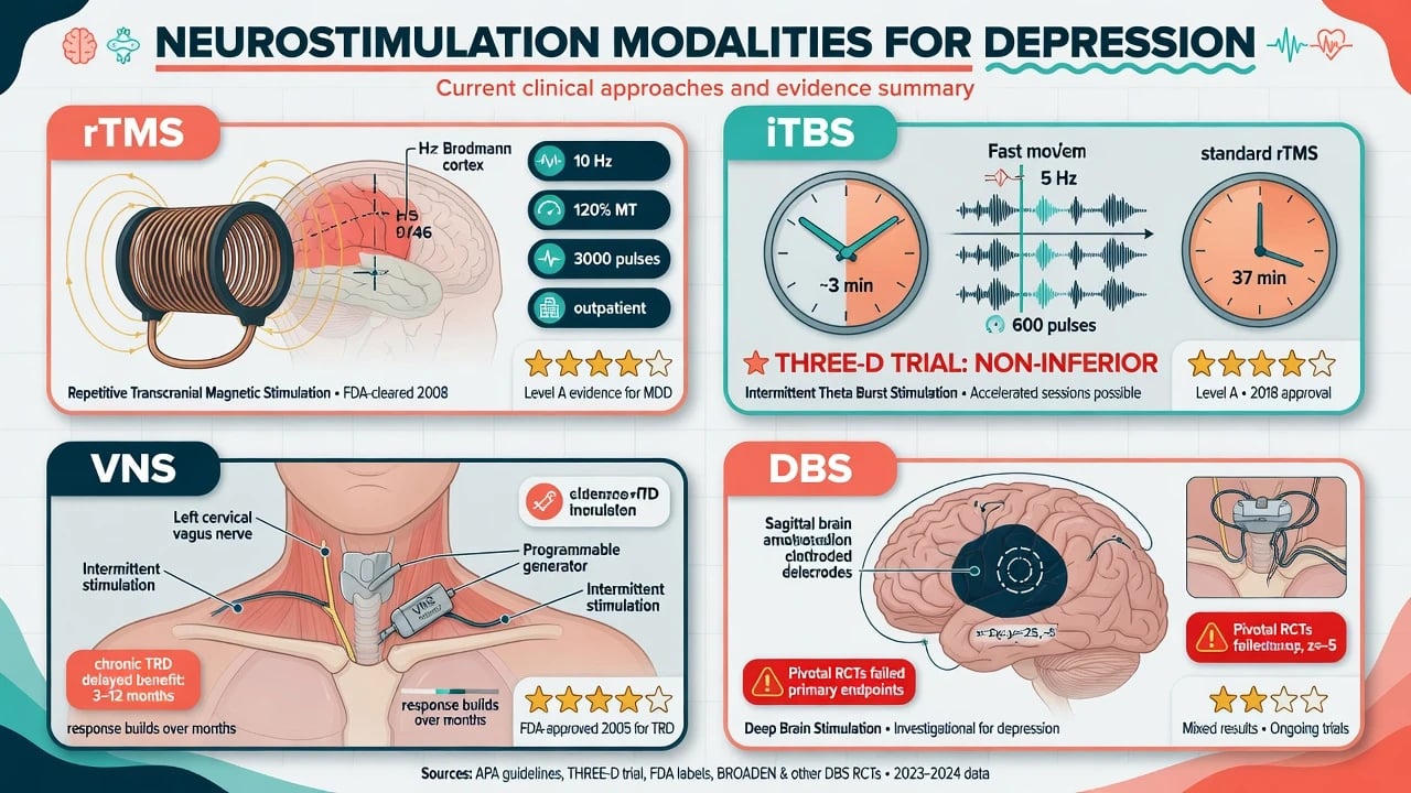 Evidence ladder from optimised medication and psychotherapy through rTMS iTBS, ECT, VNS, and research DBS