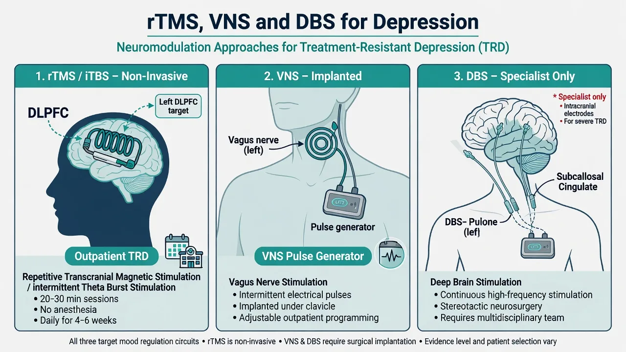 Educational overview of rTMS coil, implanted VNS generator, and DBS electrodes as three tiers of neurostimulation for depression