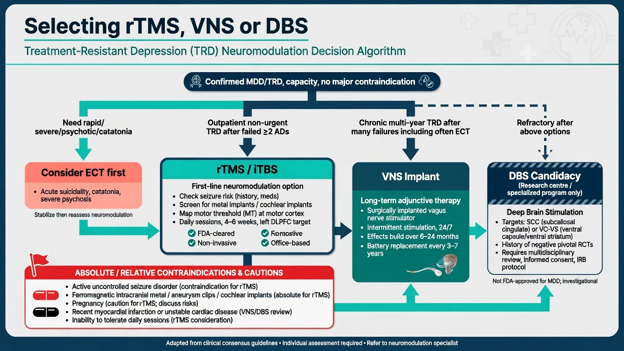 Clinical decision algorithm selecting ECT, rTMS, VNS, or research DBS based on urgency and refractoriness