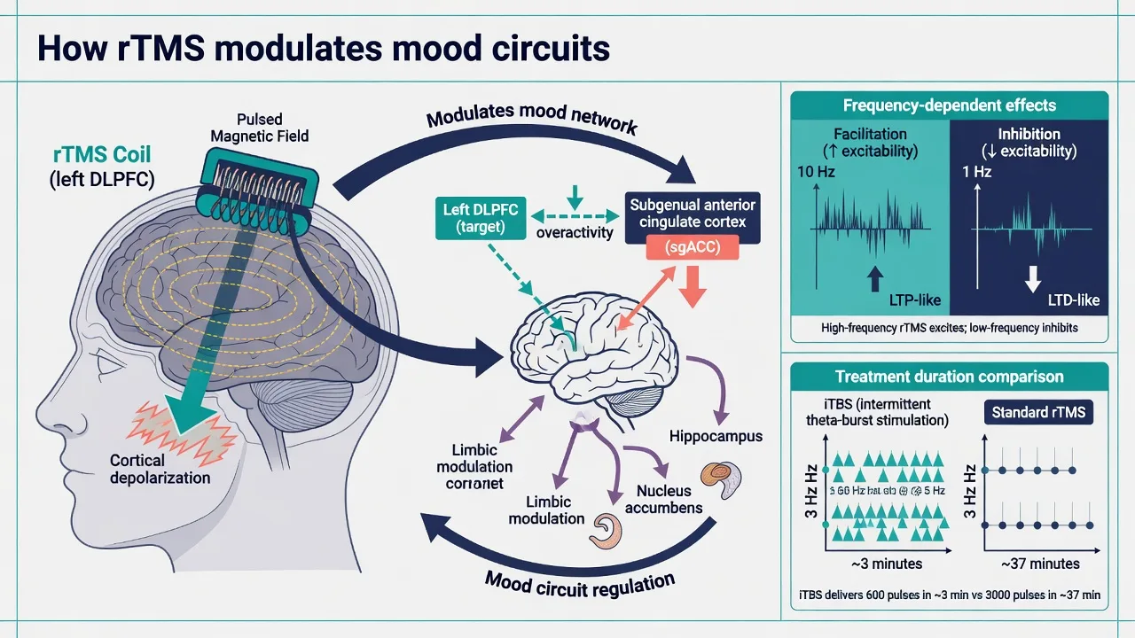 Mechanism diagram of rTMS magnetic field inducing DLPFC current with network links to subgenual cingulate and iTBS time contrast