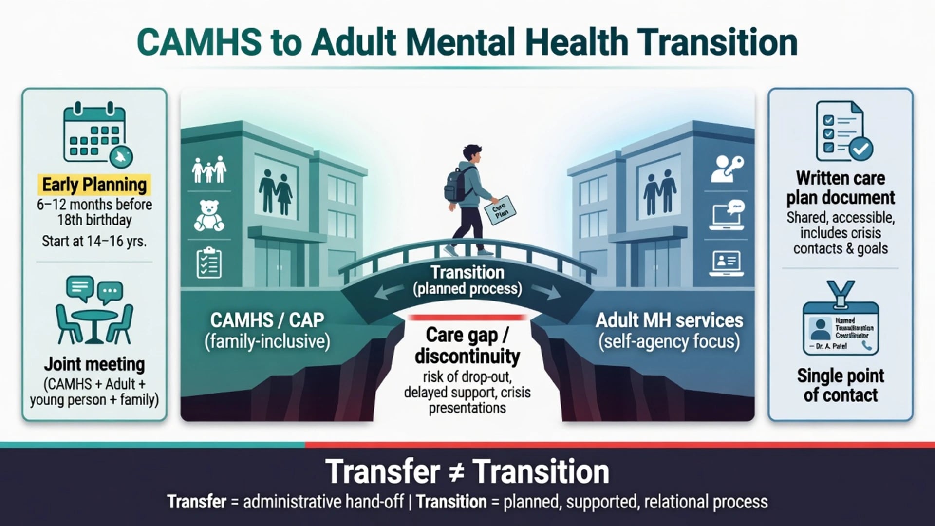 Educational diagram of a bridge labeled transition spanning CAMHS and adult mental health services over a care-gap chasm