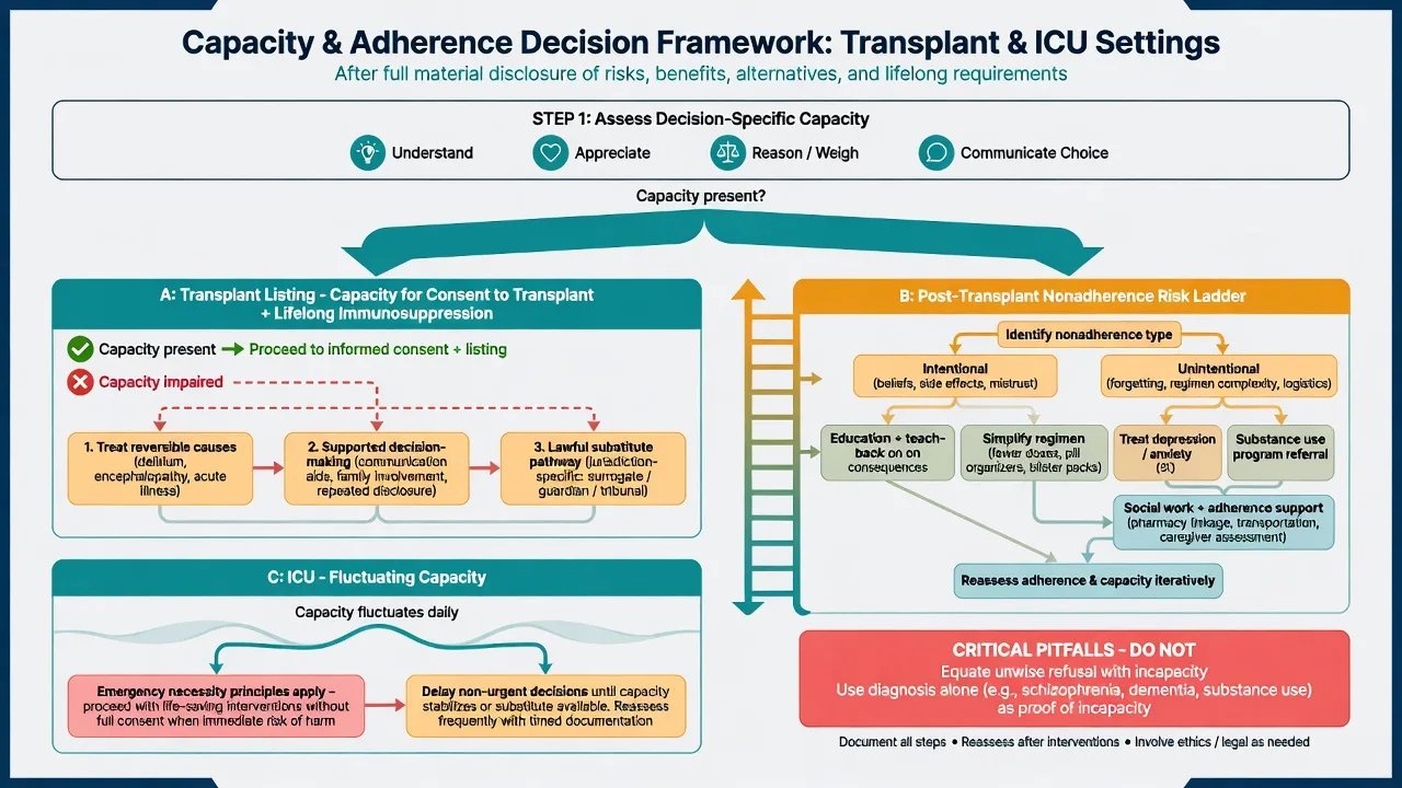 Decision tree for capacity assessment in transplant listing and ICU plus adherence intervention ladder