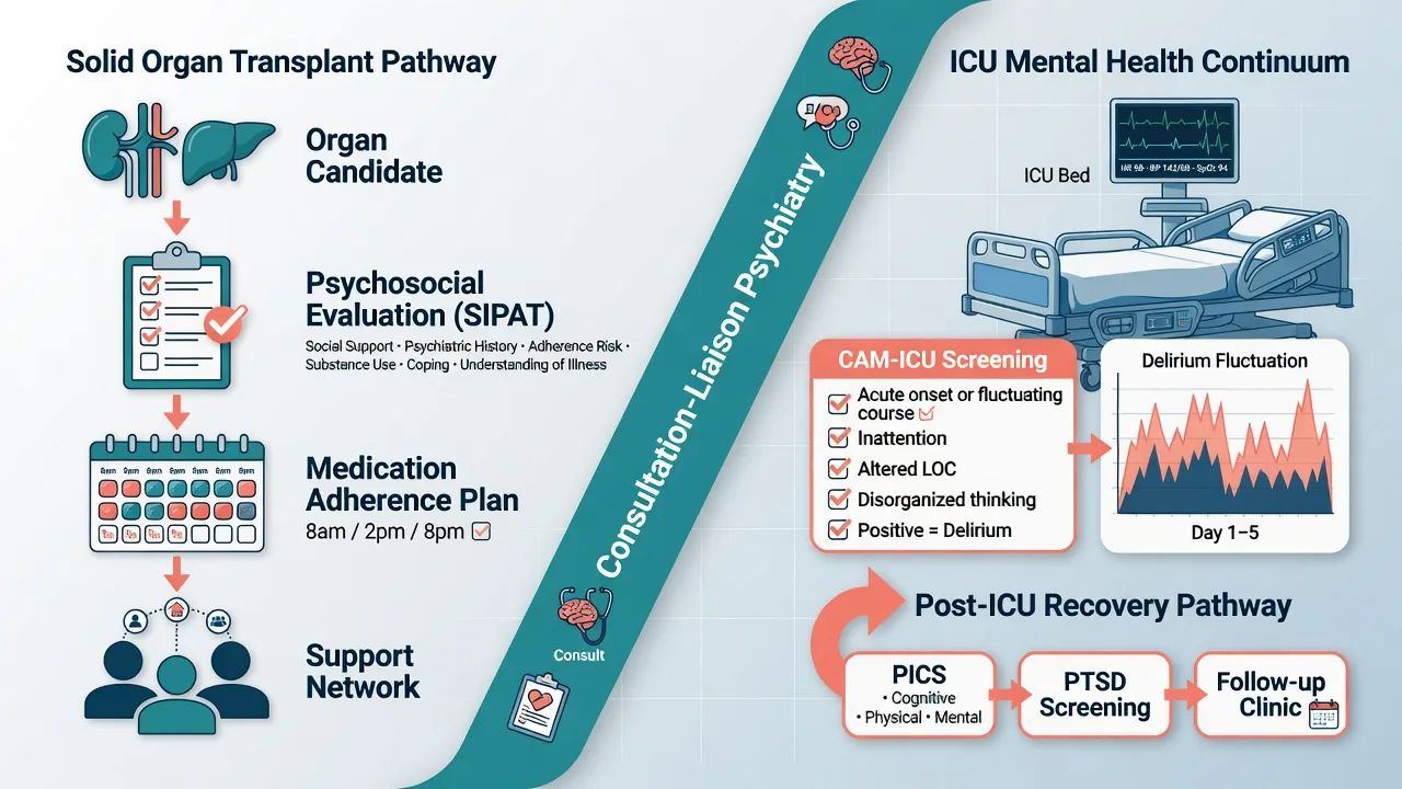 Educational dual-panel illustration of transplant psychosocial pathway and ICU mental health continuum linked by consultation-liaison psychiatry