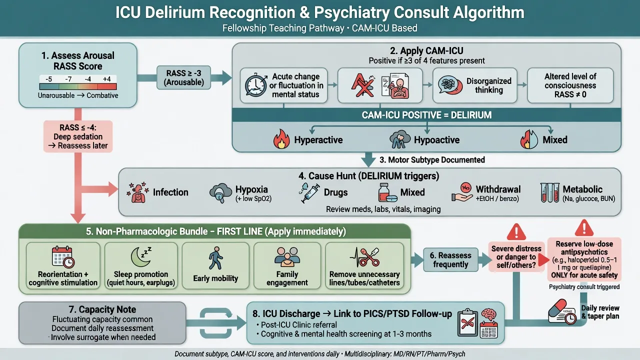 Algorithm from RASS arousal assessment to CAM-ICU, cause hunt, non-pharmacological care, limited antipsychotic use, and capacity note