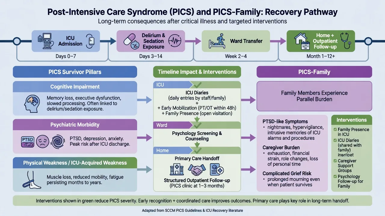 PICS three-domain diagram for survivors and PICS-Family pathway with recovery interventions including ICU diaries