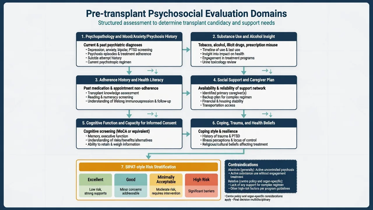 Flowchart of pre-transplant psychosocial evaluation domains including psychopathology, substance use, adherence, support, cognition, and risk strata
