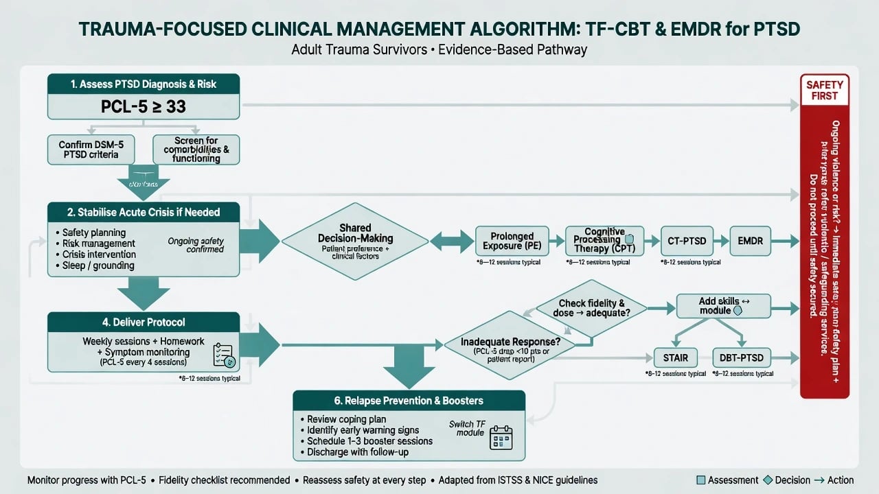 Clinical algorithm from PTSD assessment through trauma-focused modality choice monitoring and switch