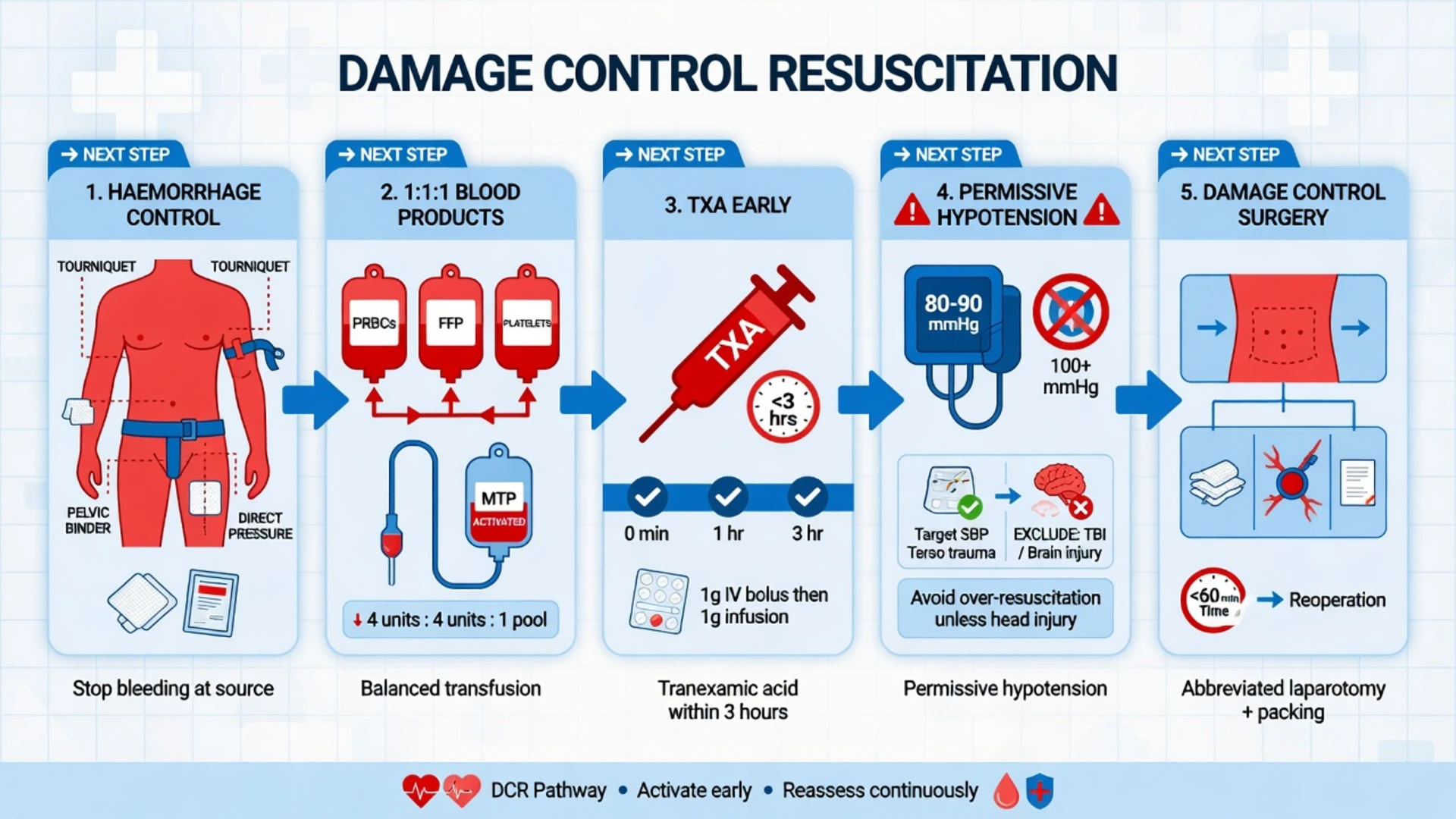 Educational damage-control resuscitation infographic: haemorrhage control, 1:1:1 blood products, early TXA, permissive hypotension with TBI exclusion, and damage-control surgery