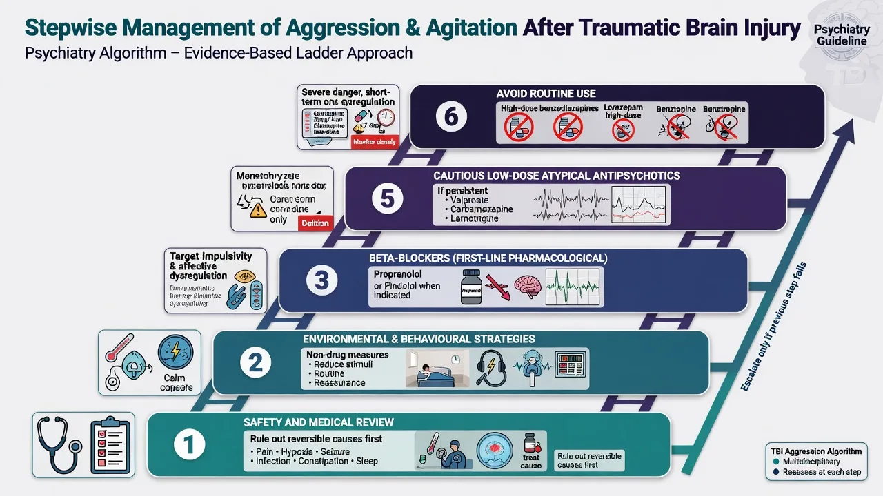 Stepwise algorithm for managing aggression after TBI from medical review to beta-blockers and cautious antipsychotics