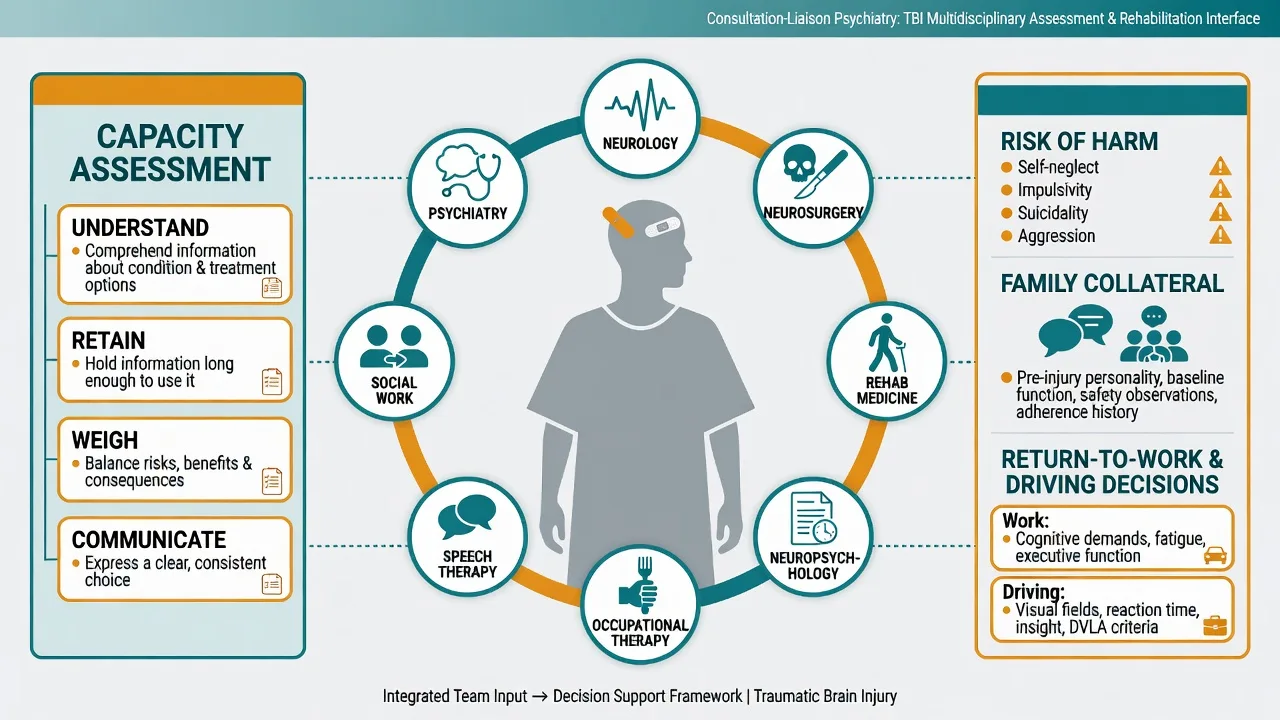 Multidisciplinary rehab team around TBI patient with capacity and return-to-function panels