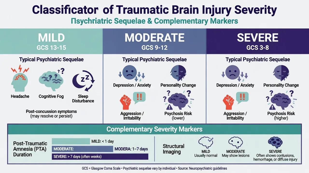 Mild moderate severe TBI severity panels with typical psychiatric sequelae