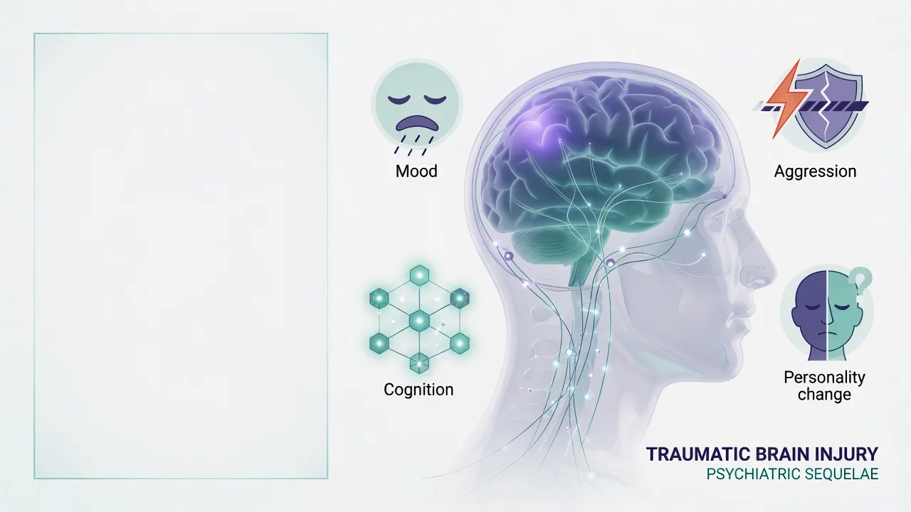 Educational illustration of brain networks and psychiatric domains after traumatic brain injury
