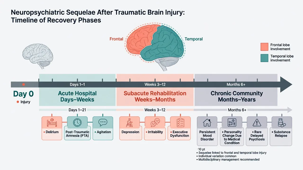 Timeline of psychiatric sequelae from acute PTA through chronic community phase after TBI