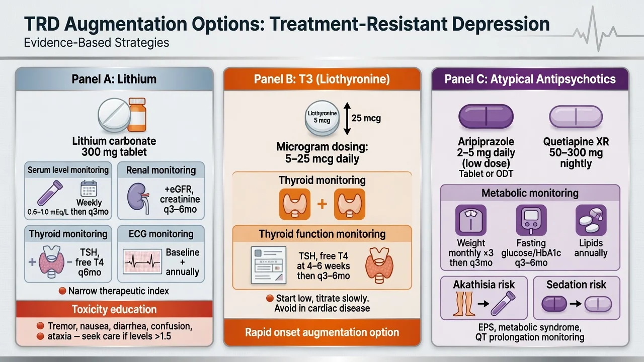 Three-panel comparison of lithium, T3, and atypical antipsychotic augmentation with monitoring