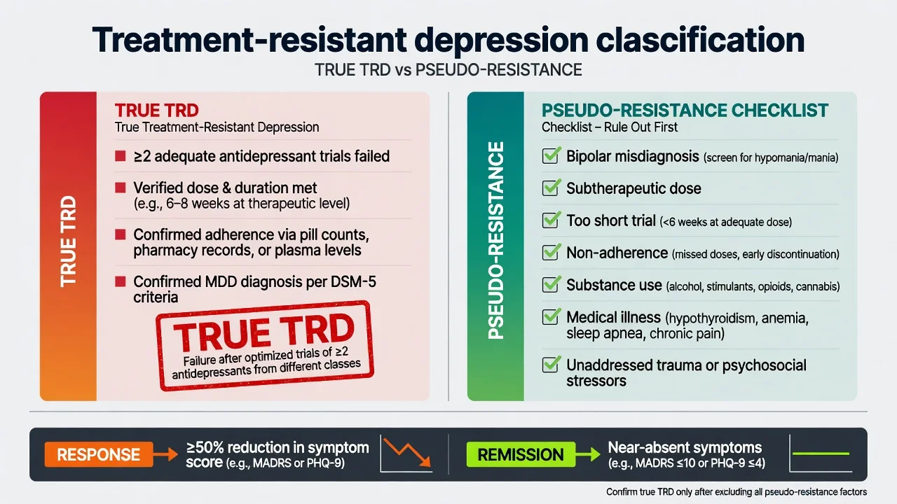 Two-column diagram of true treatment-resistant depression versus pseudo-resistance causes