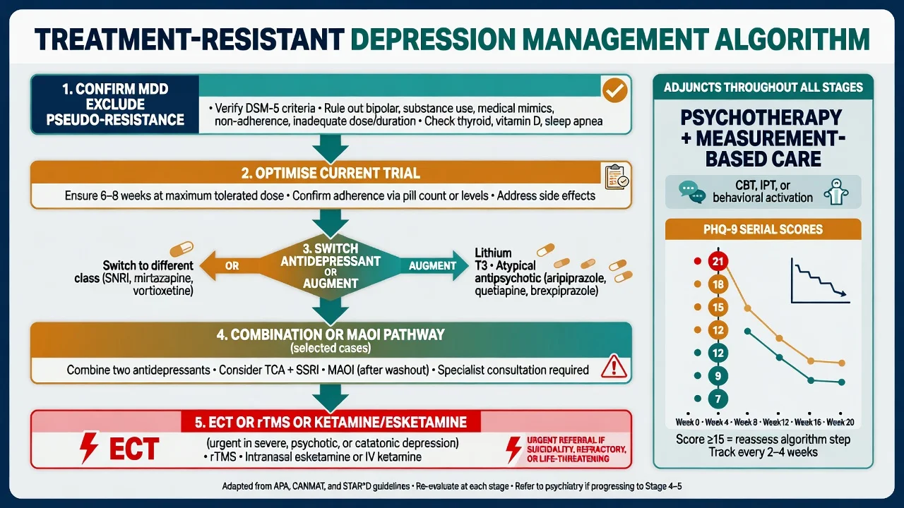 Stepwise TRD management algorithm from pseudo-resistance exclusion through switch augment ECT rTMS ketamine