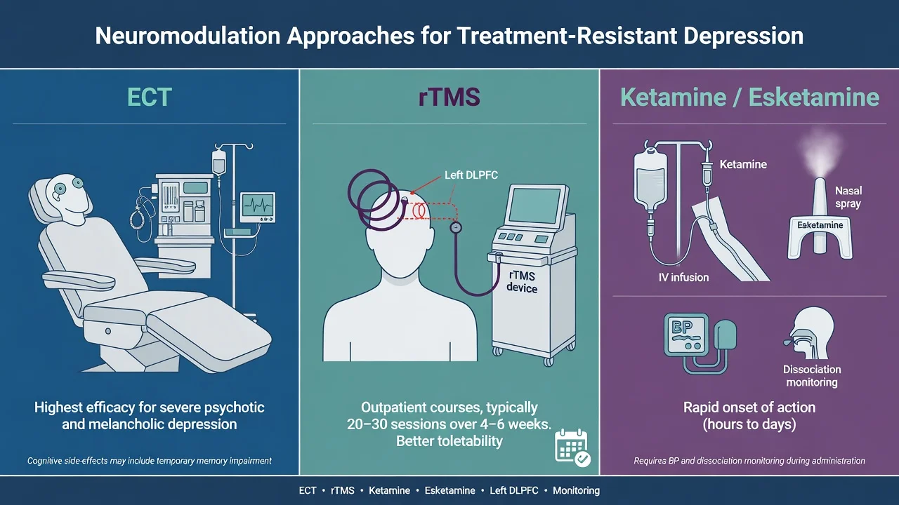 Three-panel neuromodulation options: ECT, rTMS over left DLPFC, and ketamine/esketamine with monitoring