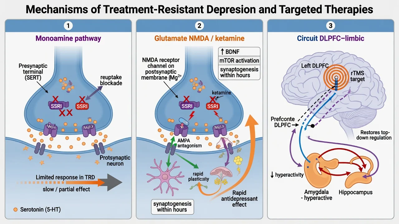 Three-panel mechanism diagram: monoamine synapse, glutamate NMDA ketamine pathway, and prefrontal-limbic circuit with DLPFC rTMS target