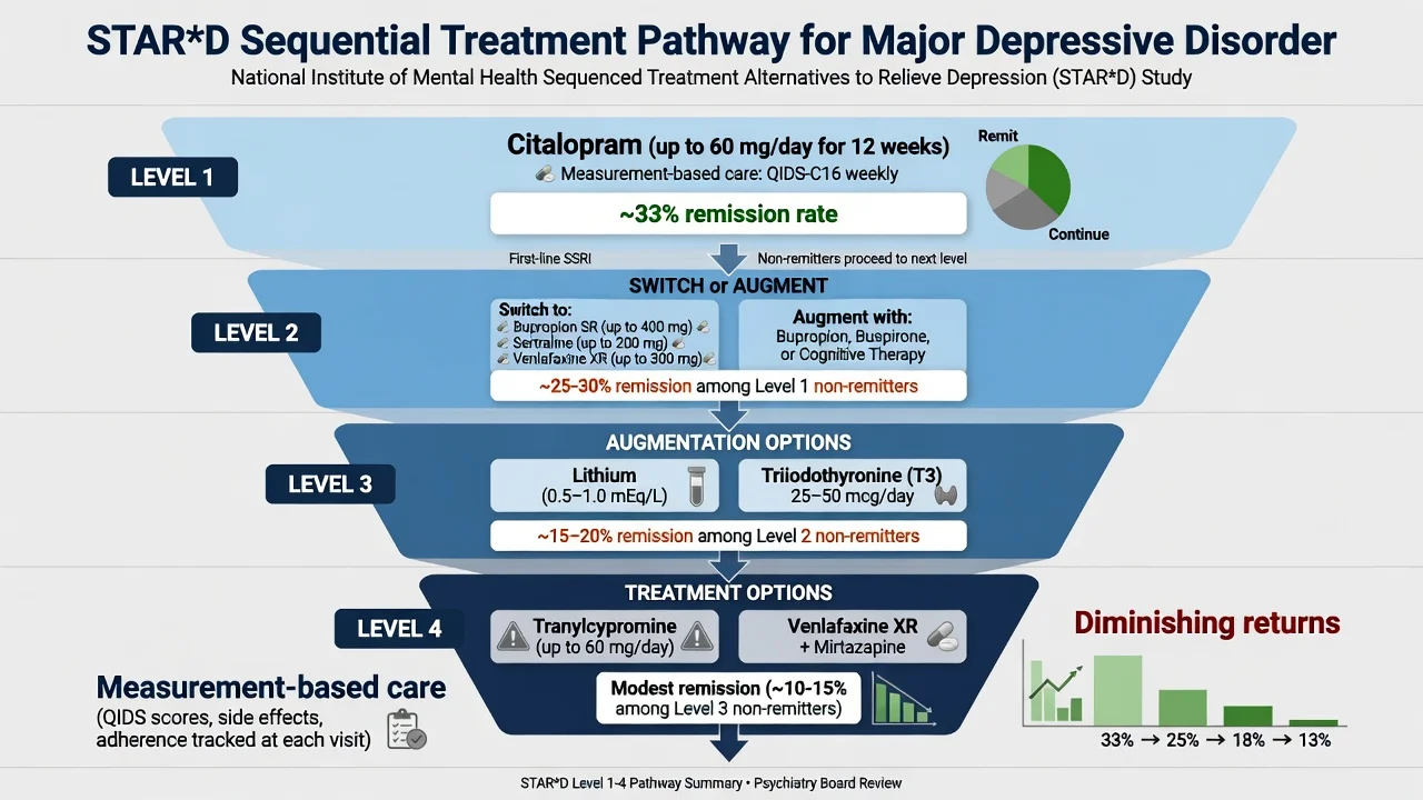 STAR-D sequential treatment levels 1 to 4 with diminishing remission