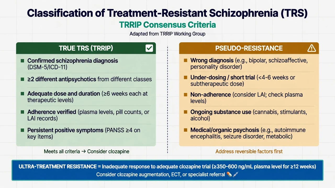 Two-column diagram of true TRRIP treatment-resistant schizophrenia versus pseudo-resistance causes