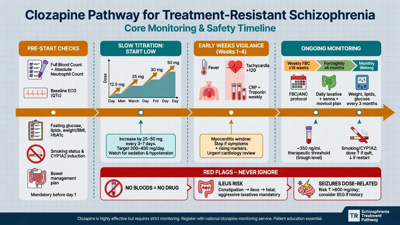 Timeline of clozapine pre-start checks, slow titration, early myocarditis vigilance, and ongoing monitoring pillars