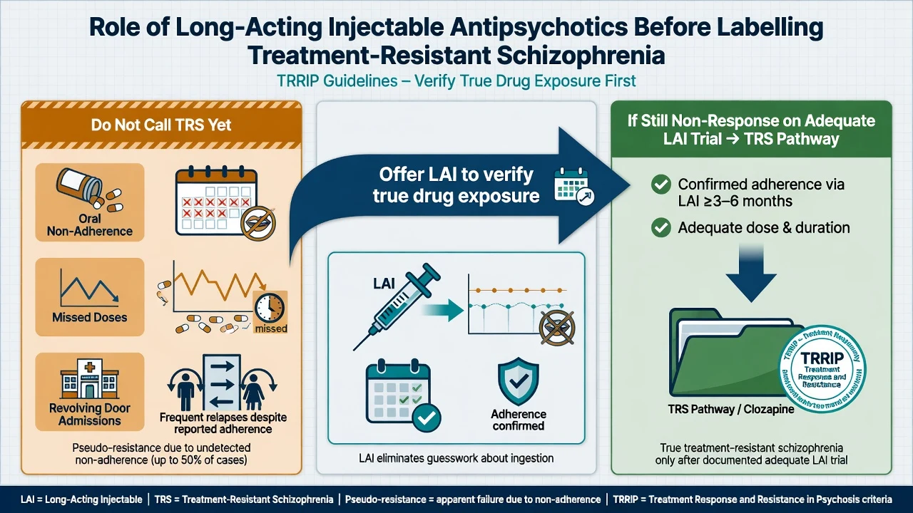 Diagram showing LAI used to verify true drug exposure before labelling treatment-resistant schizophrenia