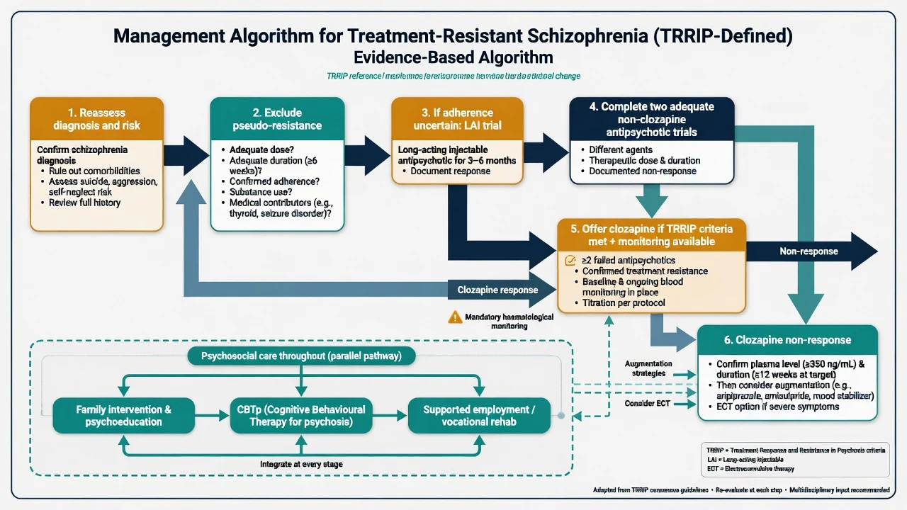 Stepwise TRS management algorithm from reassessment through LAI and two trials to clozapine and ultra-resistance options