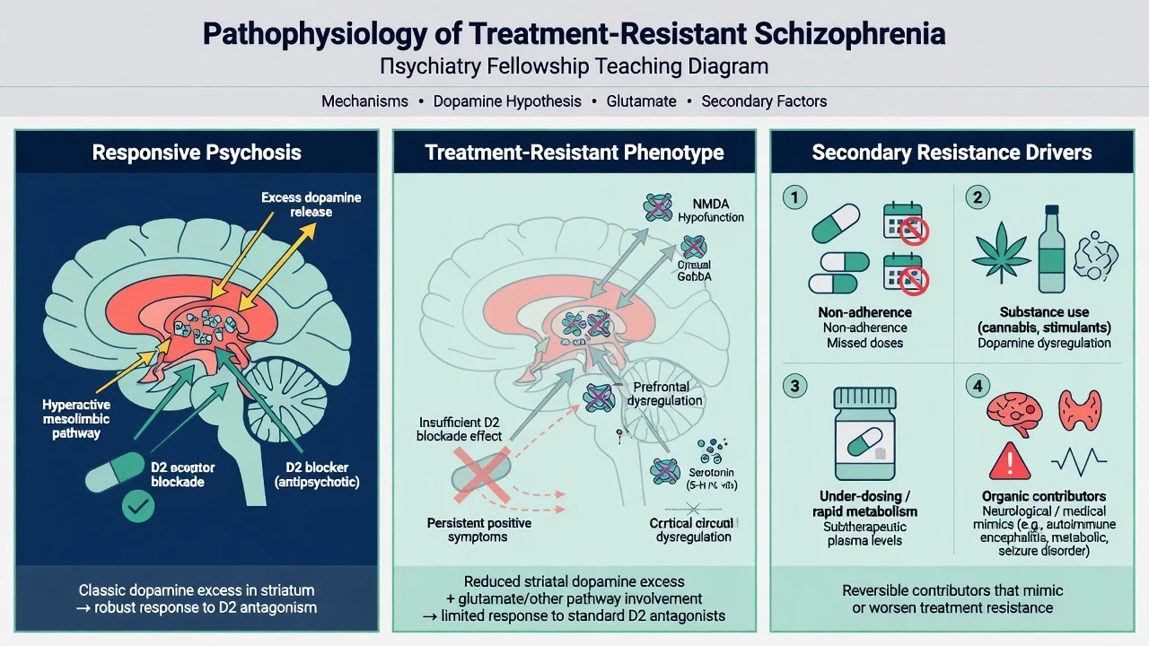 Three-panel diagram: dopamine-responsive psychosis, treatment-resistant phenotype with limited D2 response, and secondary resistance drivers