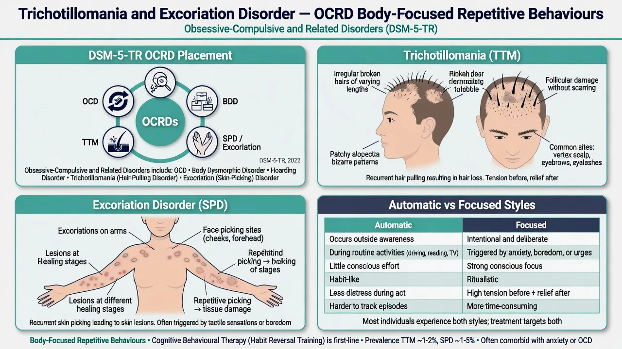 OCRD placement of trichotillomania and excoriation disorder with automatic versus focused style comparison