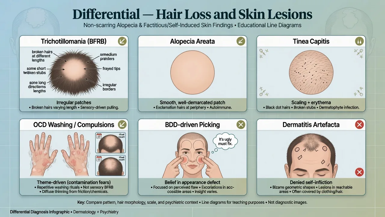 Differential panels for TTM versus alopecia areata, tinea, OCD, BDD-driven picking, and dermatitis artefacta