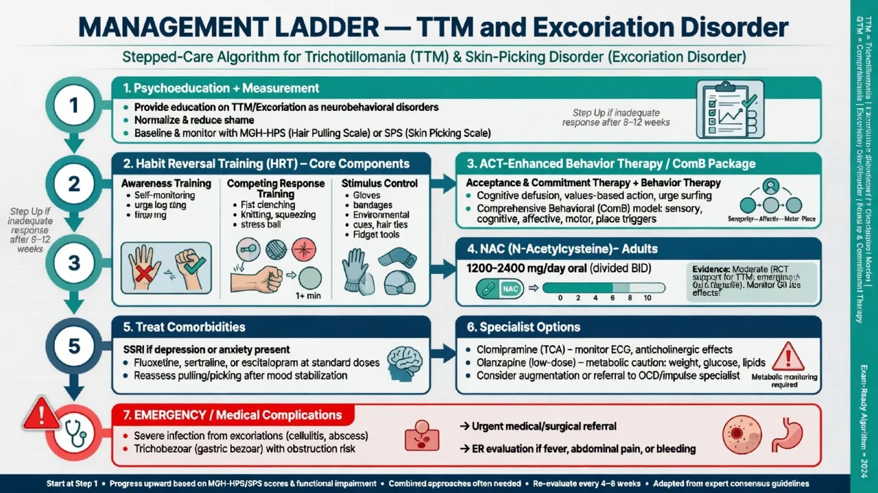 Stepped management ladder from psychoeducation and HRT through ACT/ComB, adult NAC, comorbidity SSRIs, specialist options, and emergency complications