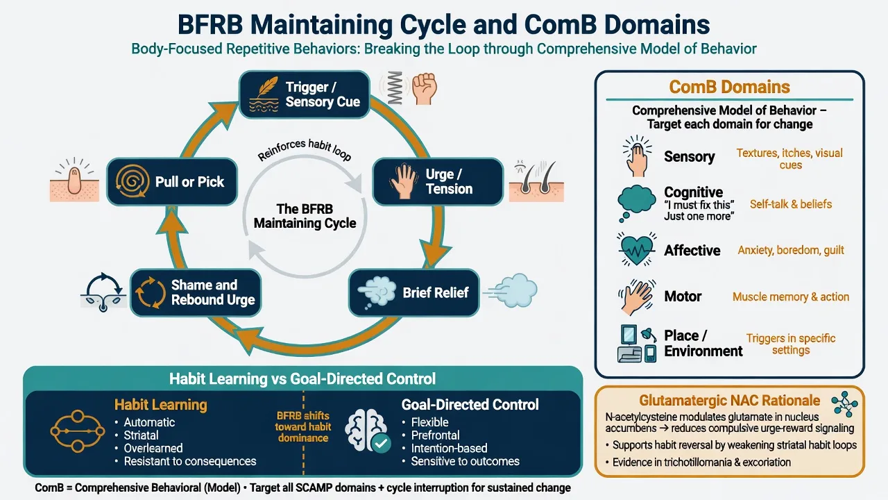 BFRB maintaining cycle and ComB SCAMP domains with habit learning and NAC glutamate rationale