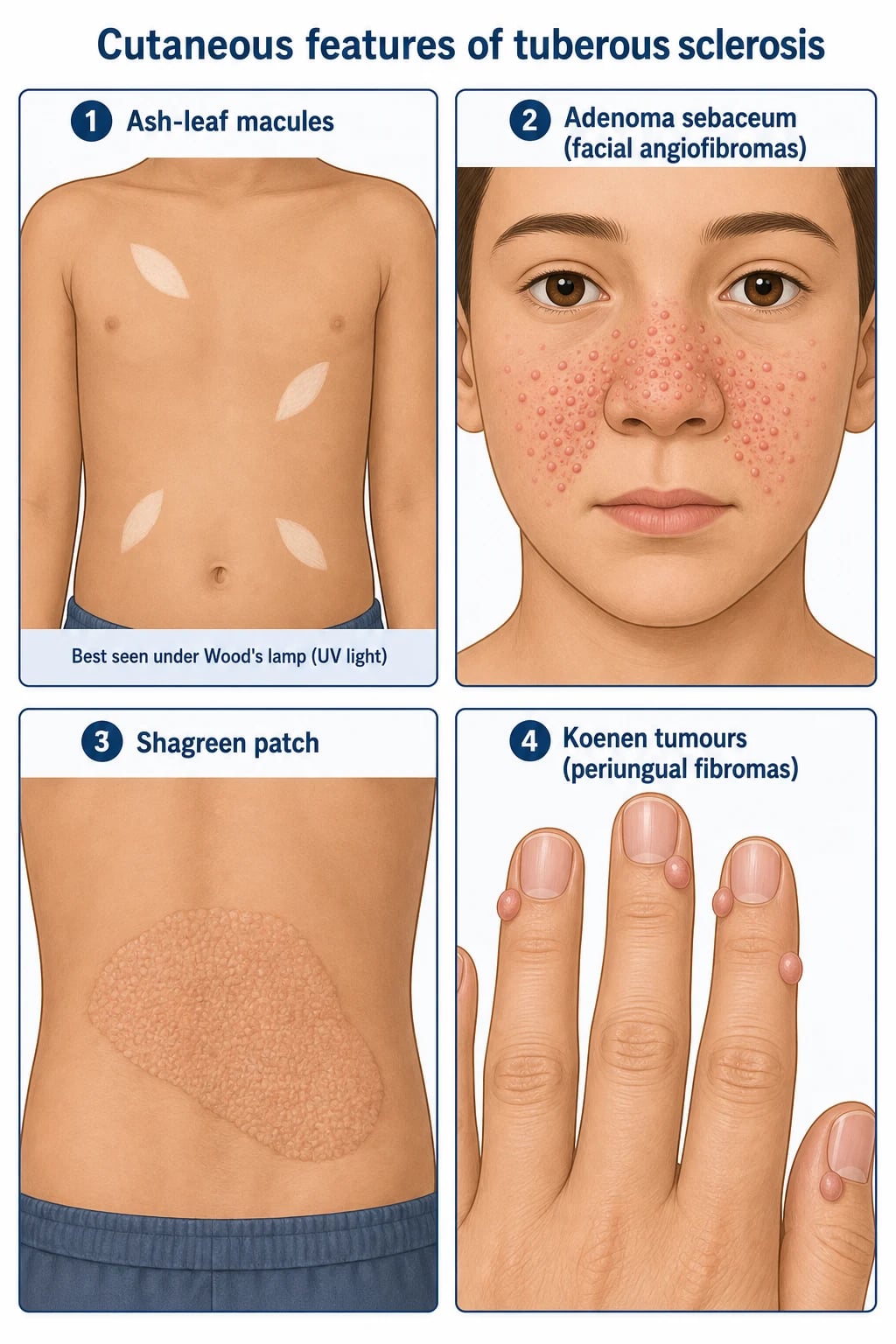Tuberous sclerosis complex — central face with angiofibromas over the nasolabial folds, forehead fibrous plaque, ash-leaf hypomelanotic macules on trunk, periungual fibroma (Koenen tumour) on toe