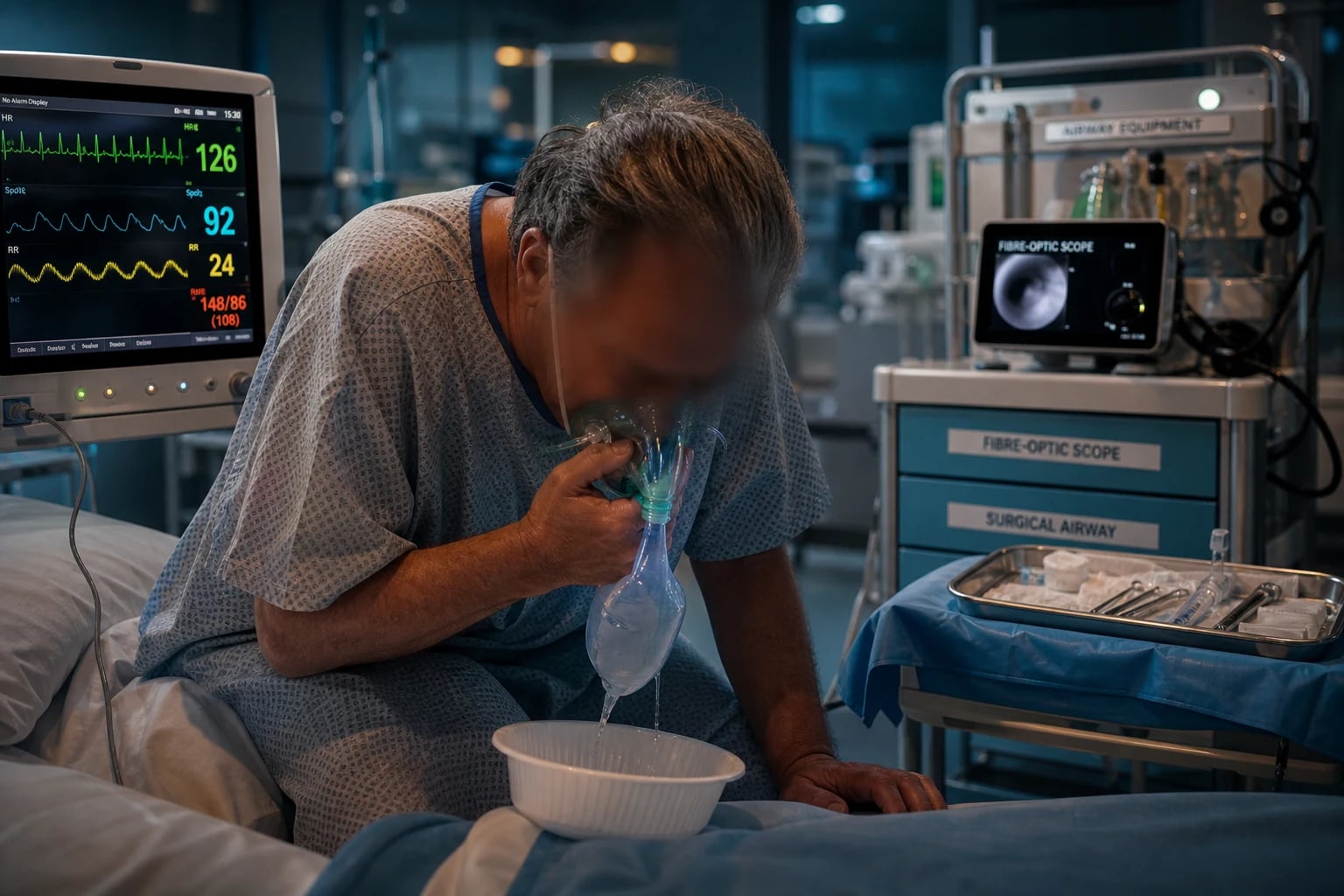 Cinematic ICU scene of a patient in tripod position with audible stridor, drooling, distress, a helium-oxygen (heliox) cylinder and an awake fibre-optic intubation cart ready, a difficult-airway trolley with a surgical airway kit, clinical-blue lighting, no faces, no text