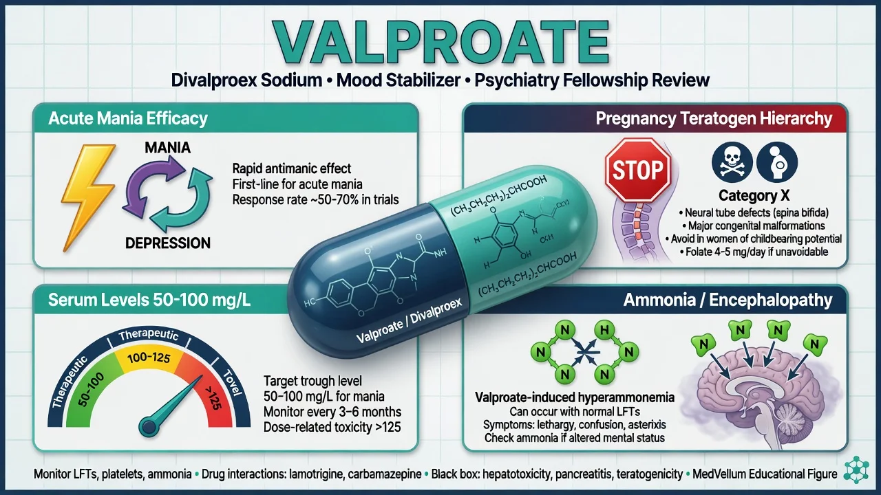 Valproate management algorithm with pregnancy branch, loading versus titration, levels and red flags