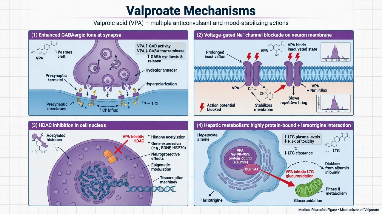 Six-panel board for valproate baselines, trough levels, PCOS-like features, hyperammonaemic encephalopathy, common adverse effects and lamotrigine interaction