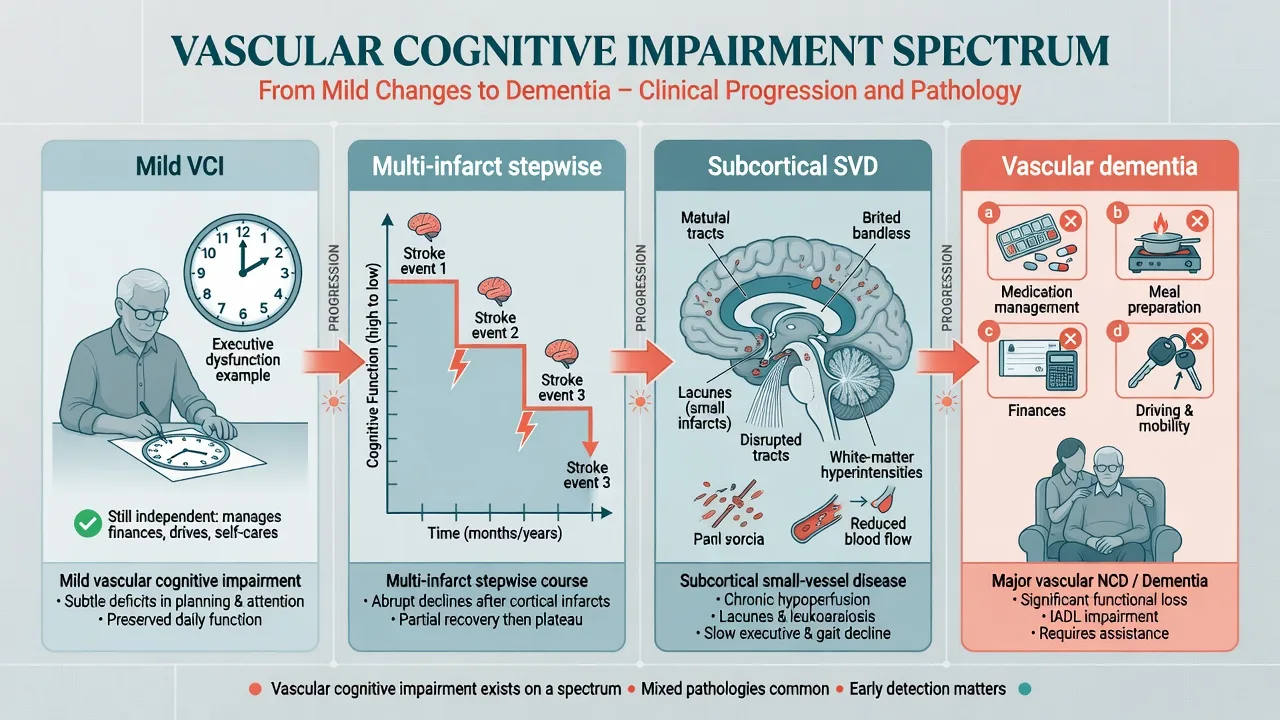 Educational spectrum infographic from mild vascular cognitive impairment through multi-infarct stepwise and subcortical small-vessel phenotypes to major vascular dementia with functional loss