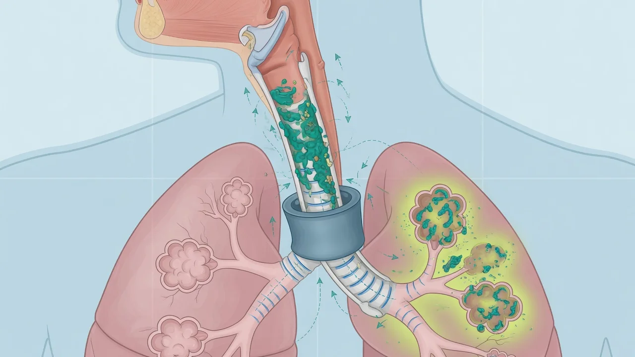Educational cross-section of endotracheal tube with bacterial biofilm and microaspiration past the cuff into infected alveoli