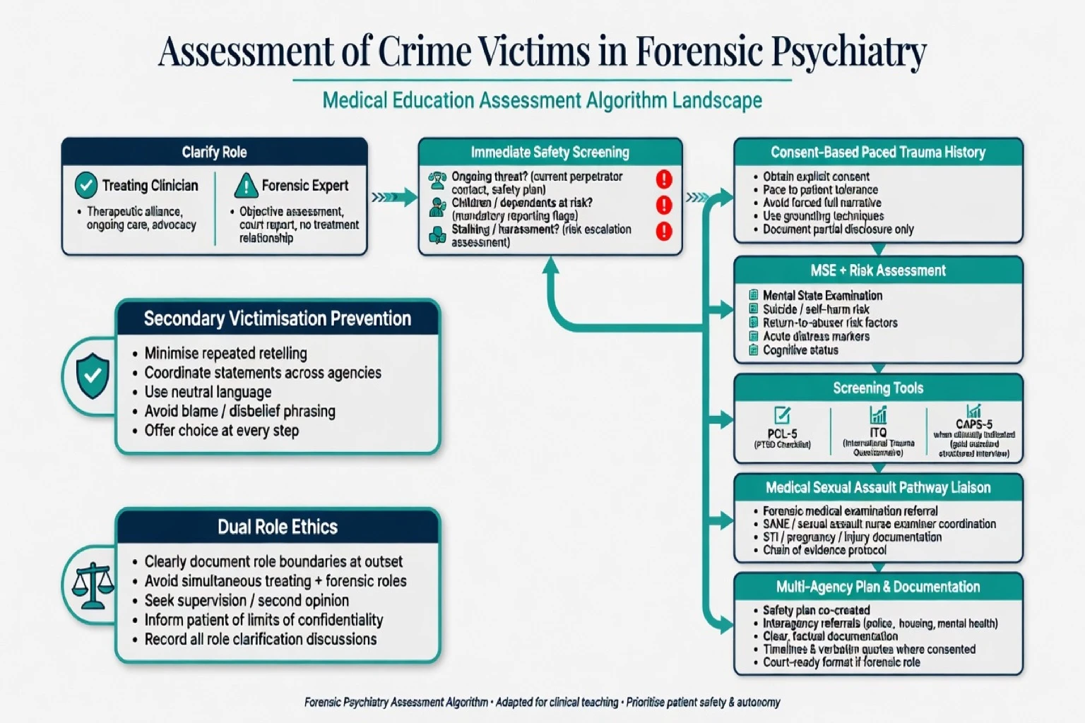 Assessment algorithm for crime victims: safety, paced history, MSE, scales, multi-agency plan