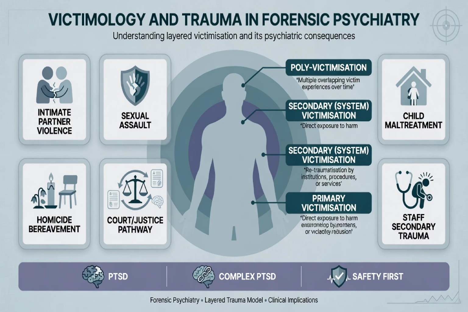 Classification of crime types, exposure patterns, and trauma outcomes including ASD PTSD and complex PTSD