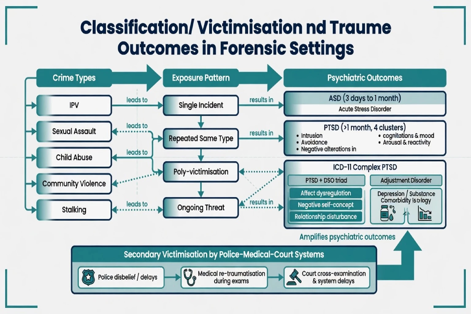 Victimology layers: primary victimisation, secondary system victimisation, poly-victimisation, and staff secondary trauma in forensic pathways