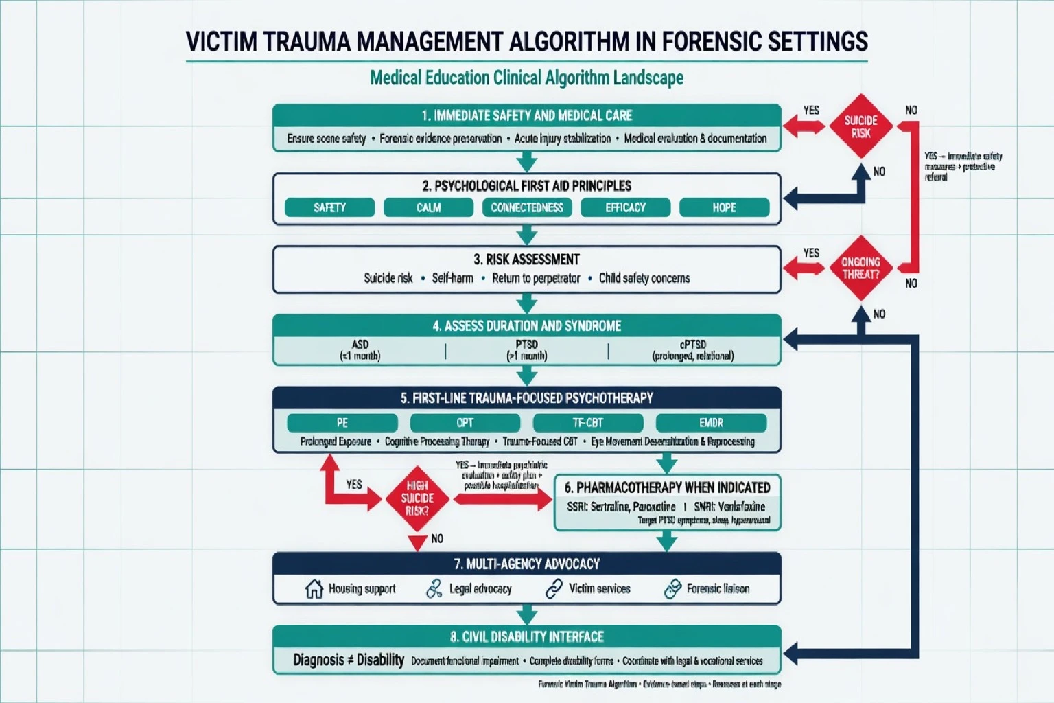 Management algorithm from safety and PFA to trauma-focused psychotherapy and SSRI options
