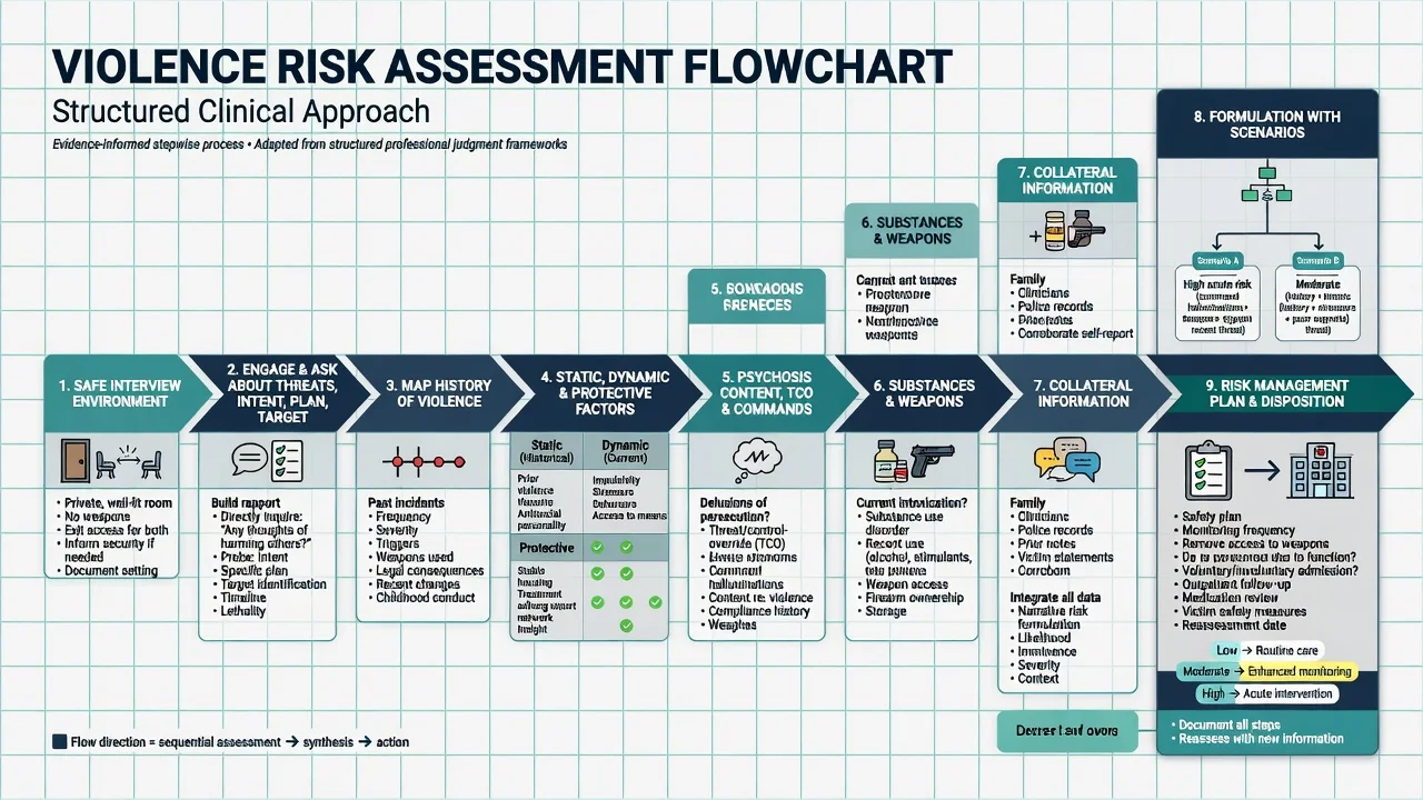 Stepwise clinical flowchart of violence risk assessment from safe interview to disposition