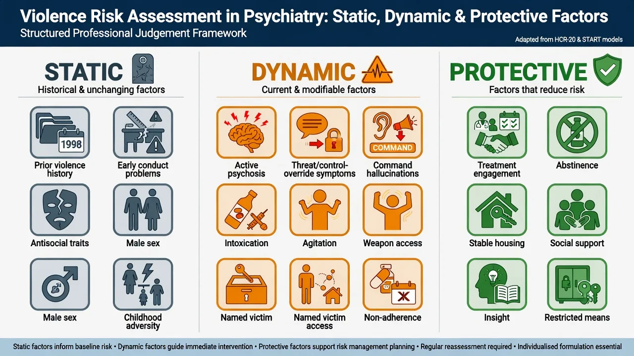 Three-panel matrix of static, dynamic, and protective factors for violence risk assessment