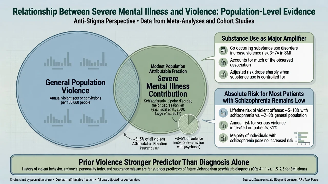 Diagram showing modest population contribution of severe mental illness to violence and substance use as amplifier