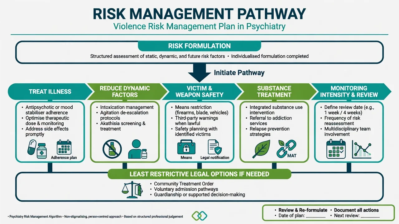 Risk management pathway from formulation through treat illness, reduce dynamic factors, victim safety, substance treatment, and monitoring