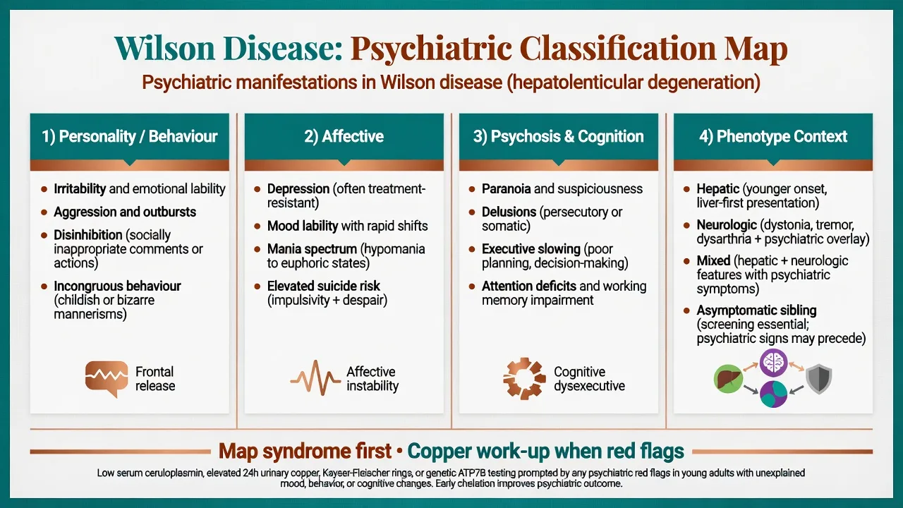 Four-column classification of Wilson disease psychiatric syndromes: behaviour, affective, psychosis and cognition, phenotype context