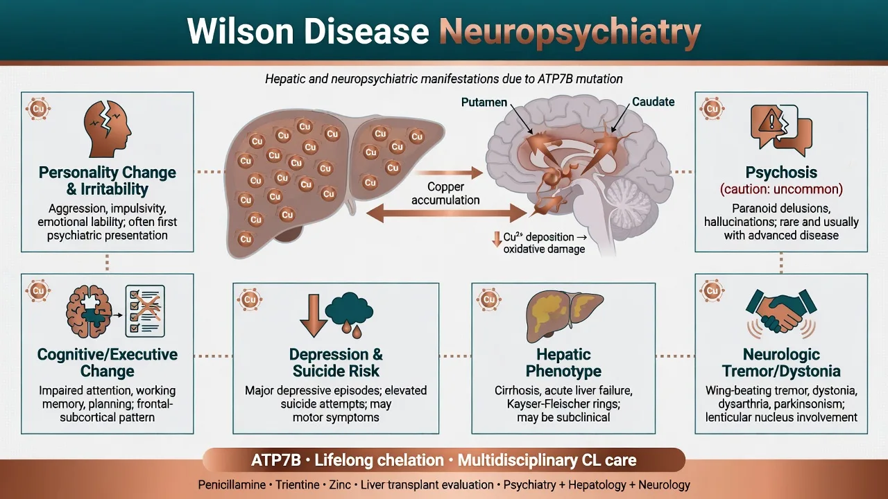 Educational overview of Wilson disease neuropsychiatry showing copper accumulation in liver and basal ganglia with psychiatric domains