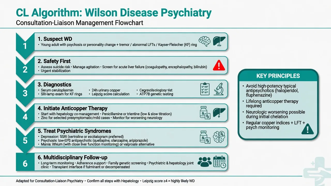 Consultation-liaison algorithm for Wilson disease psychiatry from suspicion through diagnostics, chelation, and psychotropic treatment